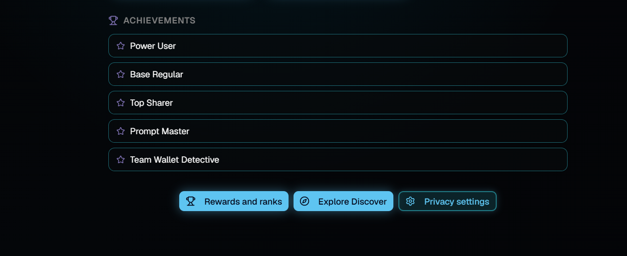 The Achievements section of a Cognivo public profile listing Power User, Base Regular, Top Sharer, Prompt Master and Team Wallet Detective, with buttons for Rewards and ranks, Explore Discover and Privacy settings underneath.
