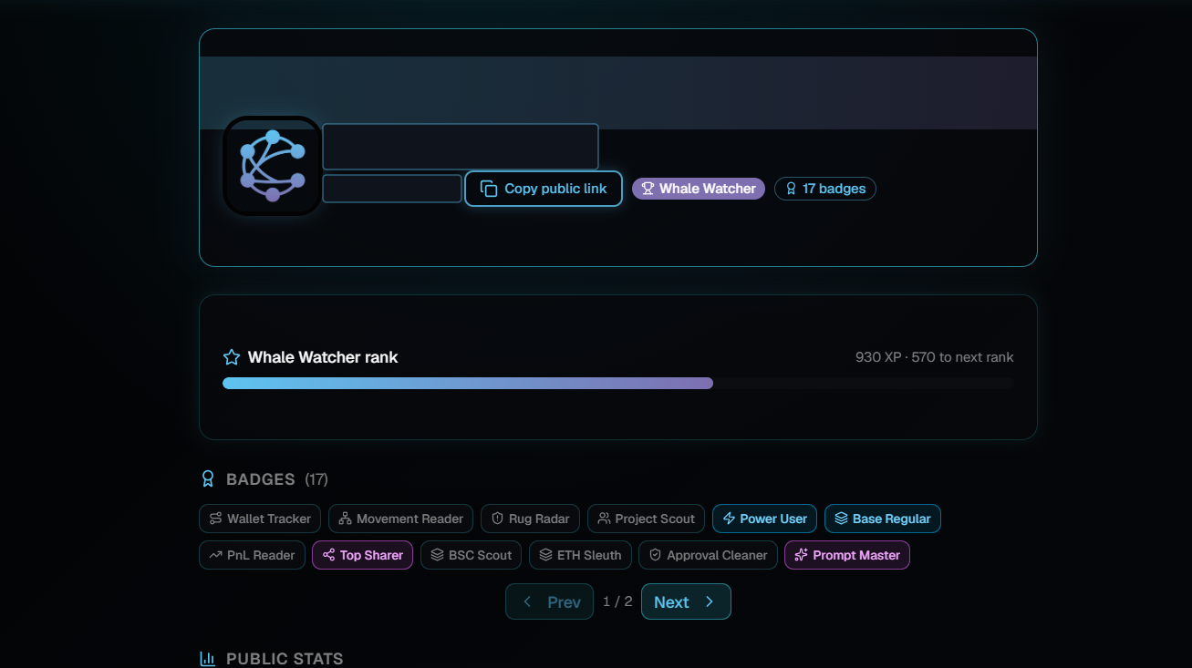 A Cognivo public profile page showing a banner card with a Copy public link button, a Whale Watcher rank chip and a 17 badges chip, a rank card reading 930 XP and 570 to next rank with a progress bar, and a badges list showing page 1 of 2.