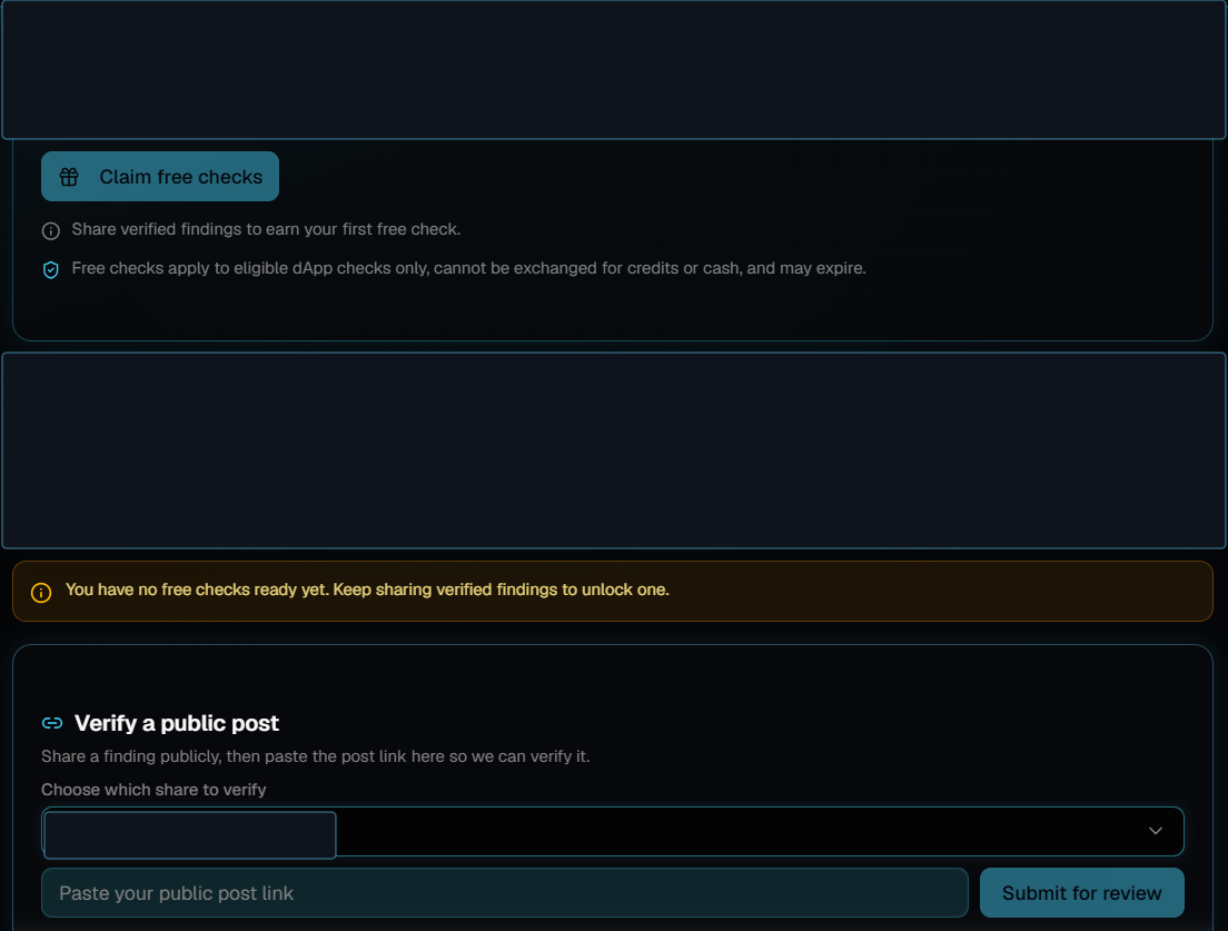 A scrolled view of the Free checks tab showing a Claim free checks button, notes about how free checks can be used, an amber message saying no free checks are ready yet, and a Verify a public post panel with a share picker, a Paste your public post link field and a Submit for review button.