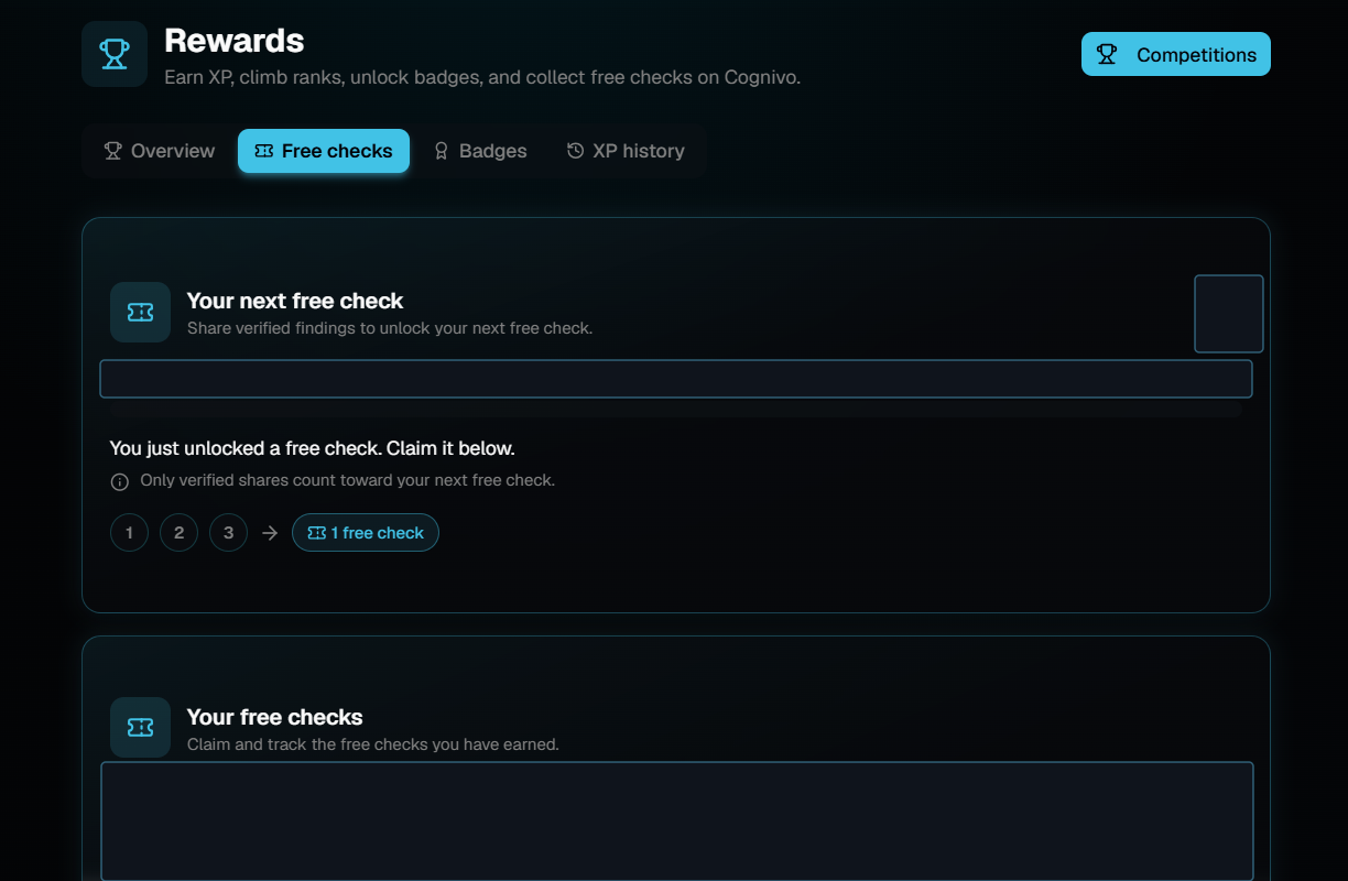The Free checks tab of the Rewards page showing the Your next free check panel with the message You just unlocked a free check, Claim it below, a numbered one two three step row leading to a 1 free check pill, and the start of the Your free checks panel.