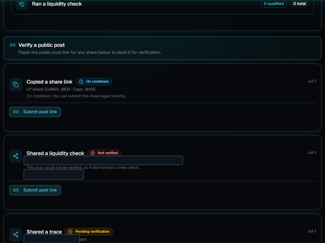 A verification history further down the Rewards page, listing past shares dated Jul 1 with badges reading On cooldown, Not verified and Pending verification, each with a Submit post link button.