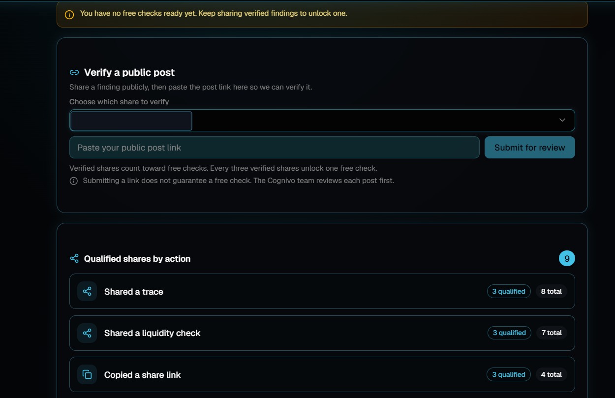 The Free checks tab of the Rewards page, showing a Verify a public post panel with a share picker, a field for the post link and a Submit for review button, above a list of qualified shares by action.