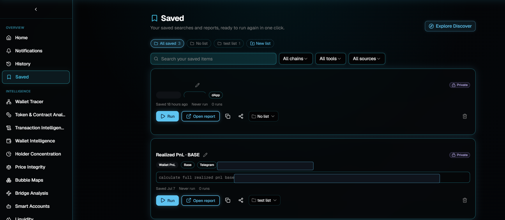 The Saved page listing two saved items, each with Run and Open report buttons and a list selector, above a row of list chips, a search box and chain, tool and source filters.
