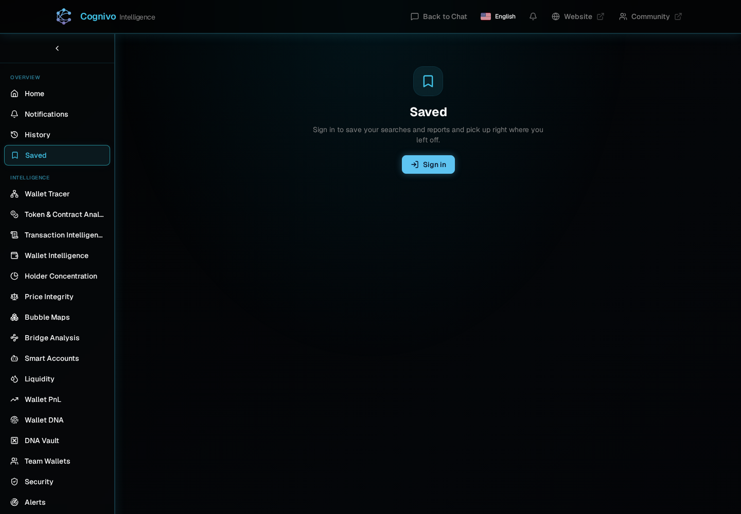 Cognivo dApp Saved page showing the signed-out state