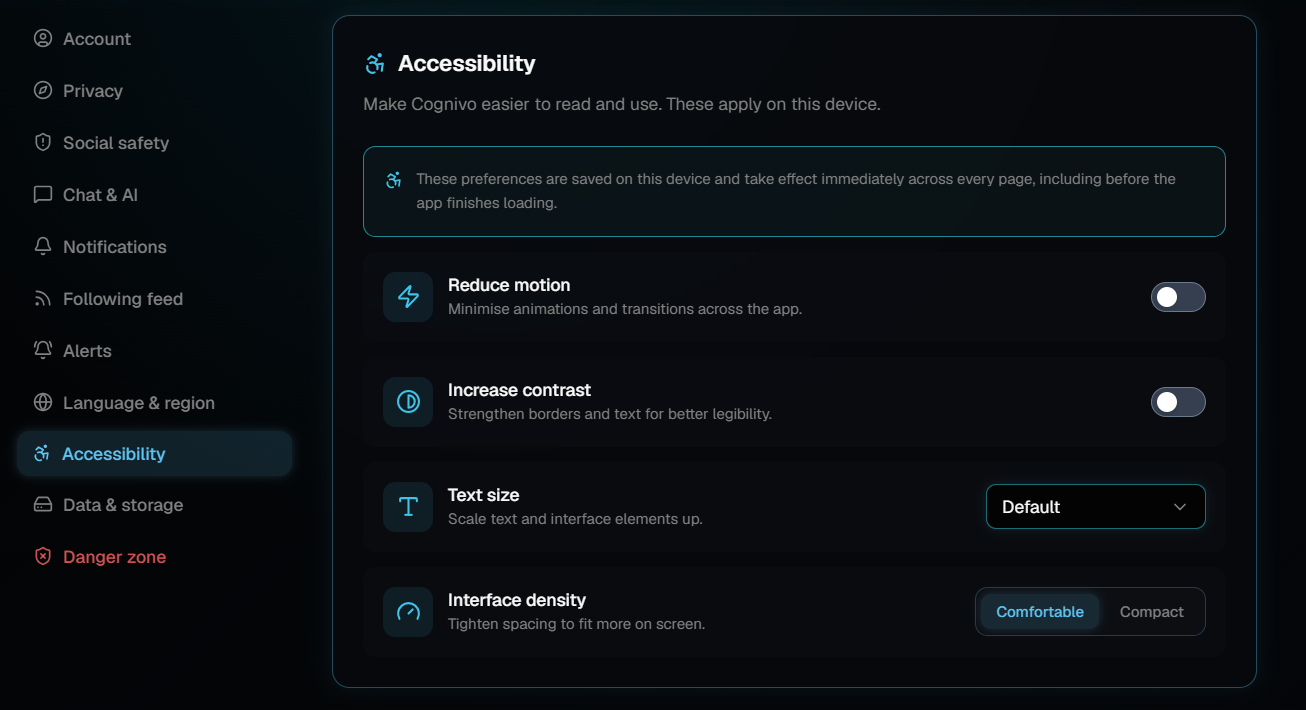 The Accessibility settings panel with Reduce motion and Increase contrast switched off, text size set to Default and interface density set to Comfortable.