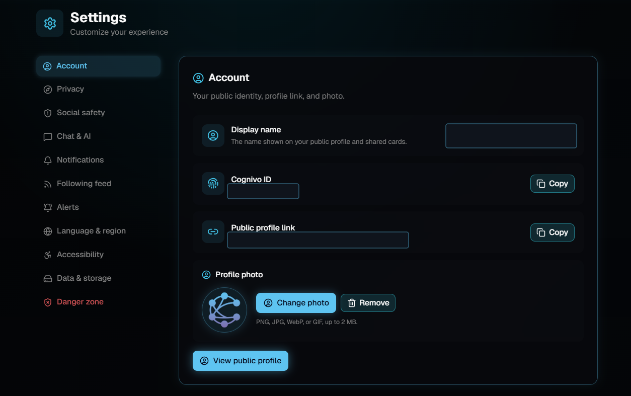 The Account settings panel showing rows for display name, Cognivo ID, public profile link and profile photo.