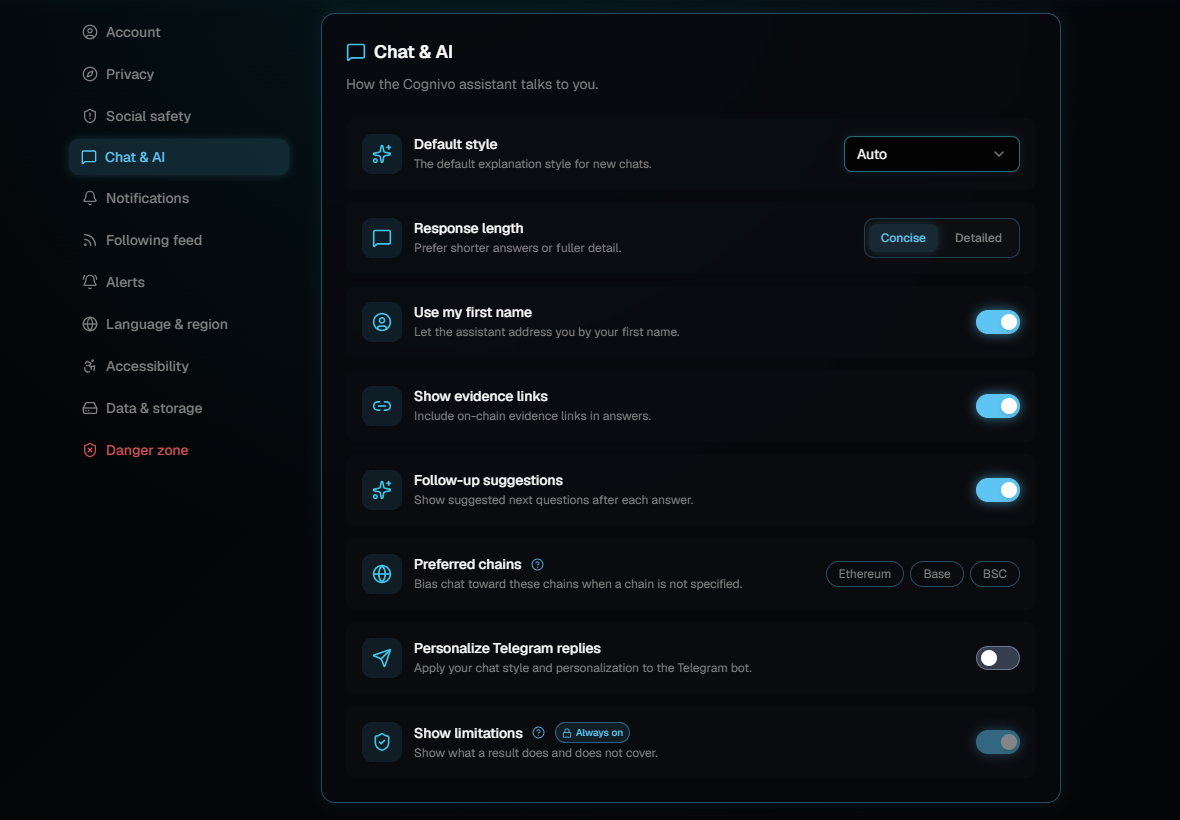 The Chat and AI settings panel showing a default style dropdown set to Auto, a response length choice of Concise or Detailed, and switches for using your first name, evidence links, follow-up suggestions, preferred chains, Telegram replies and limitations.