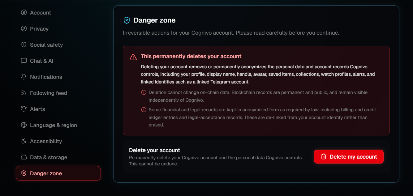 The Danger zone section of Cognivo settings, with a red notice describing what deleting an account removes and a red Delete my account button below it.
