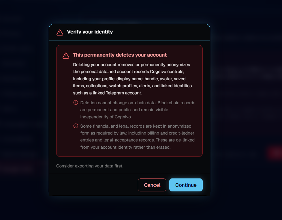 A dialog titled Verify your identity that repeats what account deletion removes, suggests exporting your data first, and offers Cancel and Continue buttons.