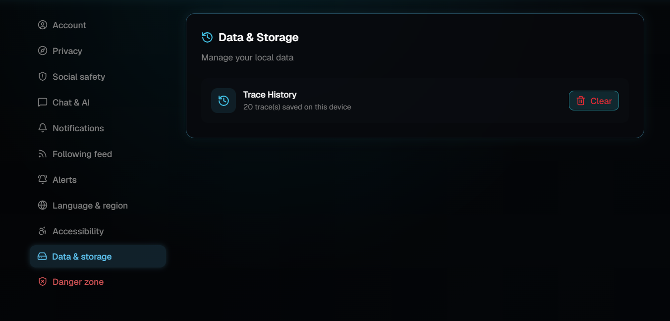 The Data and Storage section of Cognivo settings, showing a Trace History row that reads 20 traces saved on this device next to a red Clear button.
