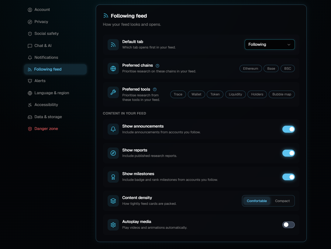 The Following feed settings panel showing a default tab dropdown set to Following, preferred chain and tool chips, and switches for announcements, reports, milestones, content density and autoplay media.