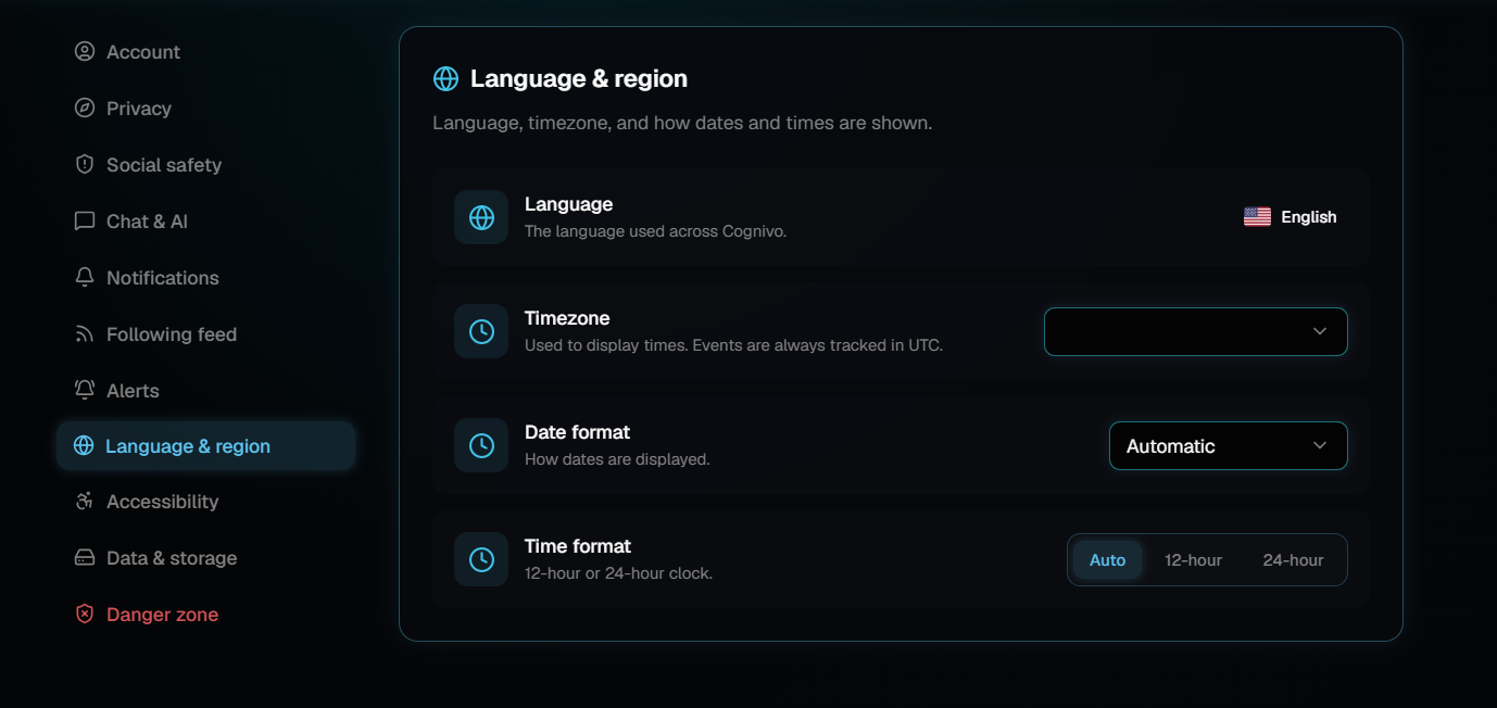The Language and region settings panel with rows for Language, Timezone, Date format and Time format.
