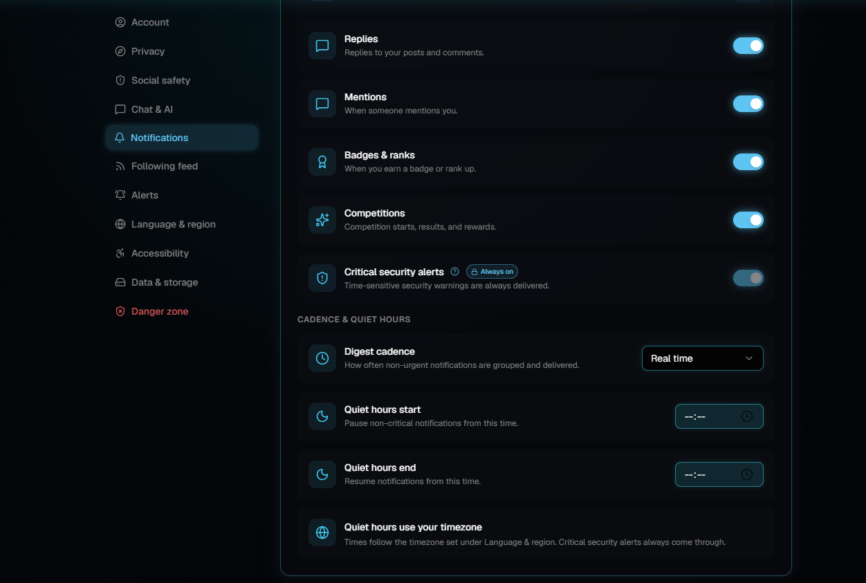 The lower part of the Notifications settings, with switches for Replies, Mentions, Badges and ranks and Competitions turned on, a Critical security alerts row marked Always on, Digest cadence set to Real time, and empty quiet hours start and end times.