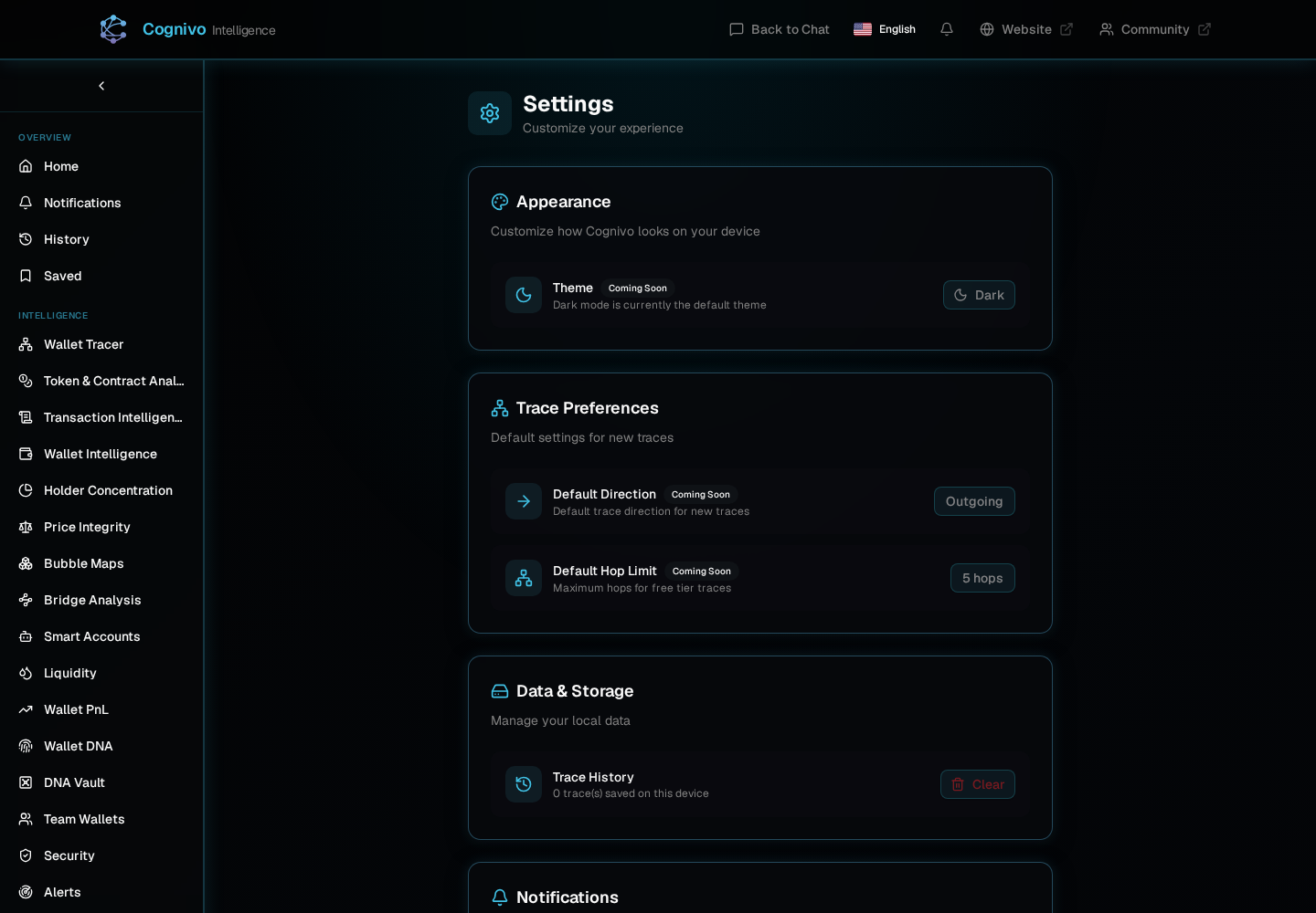 Cognivo dApp Settings page with appearance, trace preferences and data controls