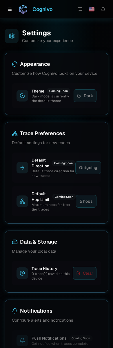 Cognivo dApp Settings page with appearance, trace preferences and data controls