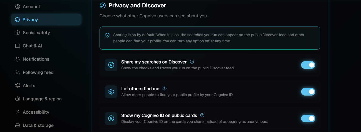 The Privacy and Discover settings panel with three toggles, all switched on.
