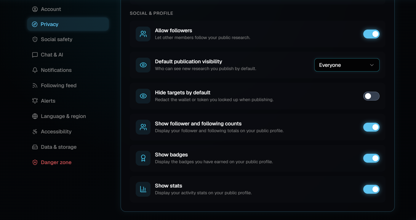 The Social and profile group of privacy settings, with toggles for followers, badges and stats and a publication visibility set to Everyone.