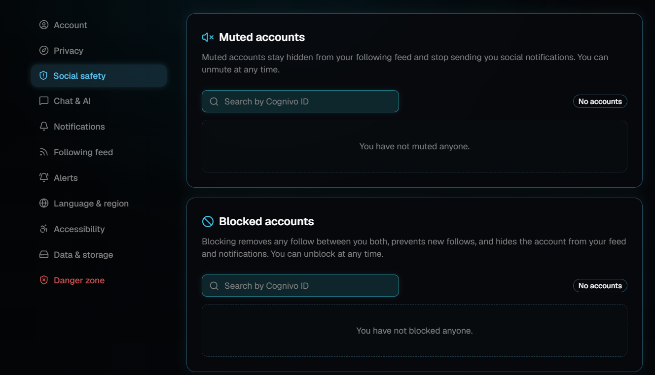 The Social safety settings page with empty Muted accounts and Blocked accounts lists, each with a search box.