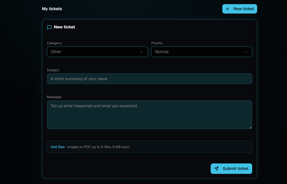 The New ticket form on the Support page with Category and Priority dropdowns, Subject and Message fields, an Add files area and a Submit ticket button.