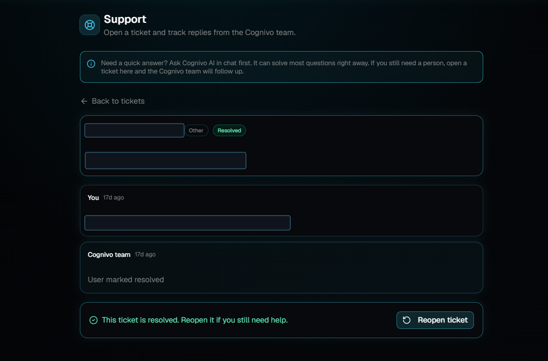 A support ticket marked Resolved, with a message from the Cognivo team reading User marked resolved and a Reopen ticket button in the footer.