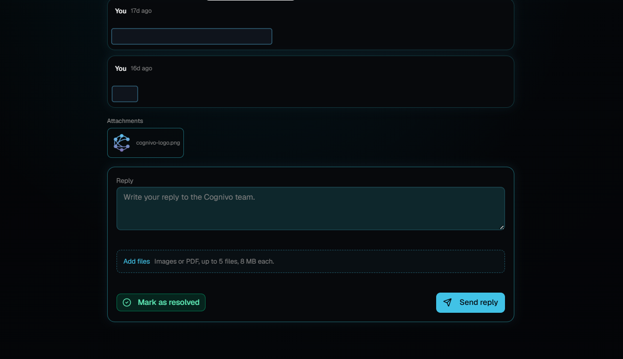 The lower part of a support ticket showing two messages from You, an attached file named cognivo-logo.png, a Reply box, an Add files area, a Mark as resolved button and a Send reply button.