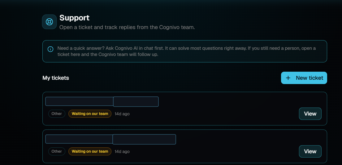 The Support page listing two tickets, each with a category chip, a Waiting on our team status, a timestamp and a View button, above them a New ticket button.