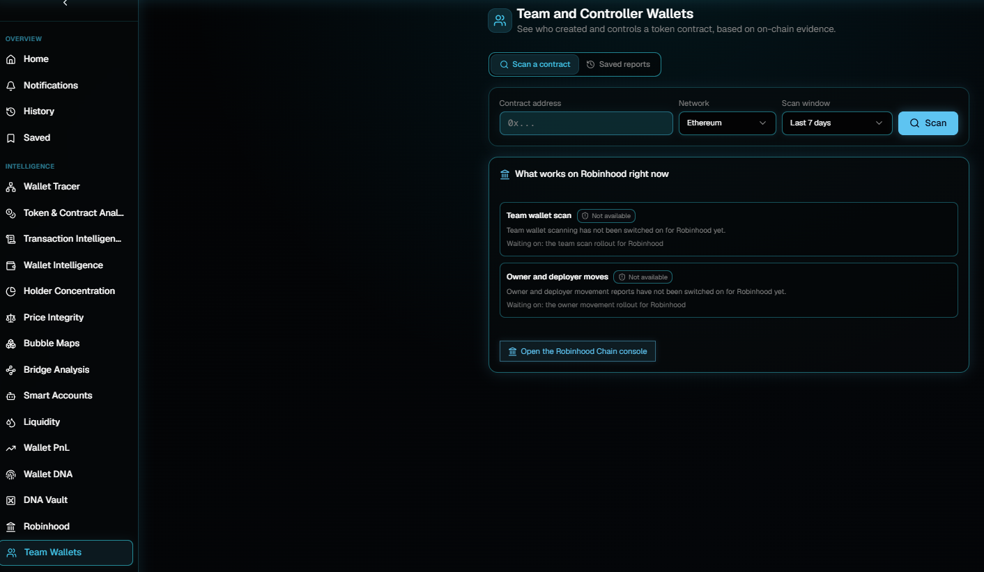 The Team and Controller Wallets page with a Contract address field, Network and Scan window dropdowns, a Scan button, and a panel listing what works on Robinhood right now.