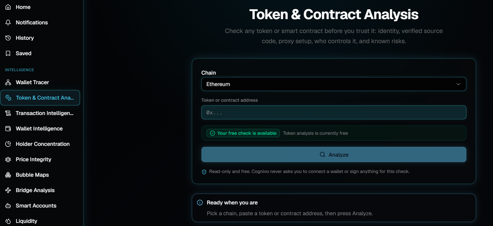 The Token and Contract Analysis page with a Chain dropdown set to Ethereum, an empty address field, a green badge reading Your free check is available, and an Analyze button.