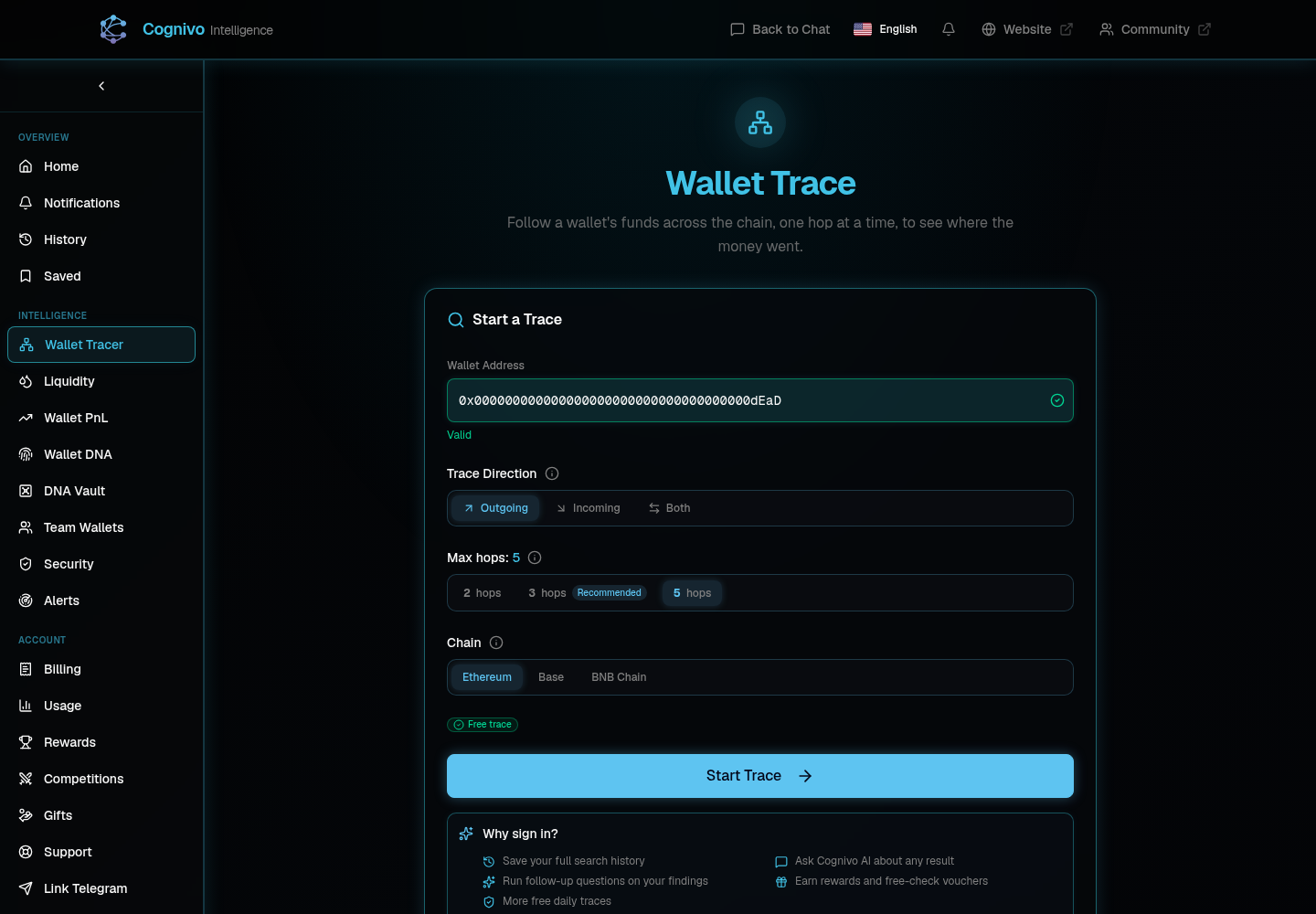 Cognivo Wallet Tracer Start a Trace form with address, direction, hops and chain controls