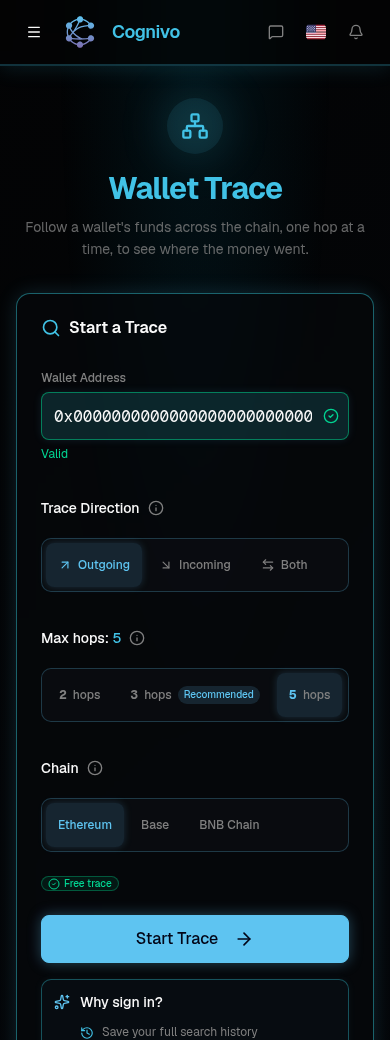 Cognivo Wallet Tracer Start a Trace form with address, direction, hops and chain controls