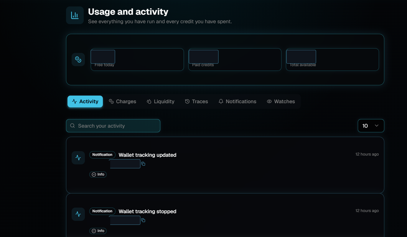 The Usage and activity page in the Cognivo app with the Activity tab selected, showing a credit summary row, a search box, a page size selector and two recent wallet tracking notifications.
