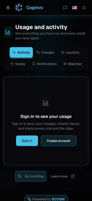 Cognivo dApp Usage and activity page with tabs for Activity, Charges, Liquidity, Traces, Notifications and Watches