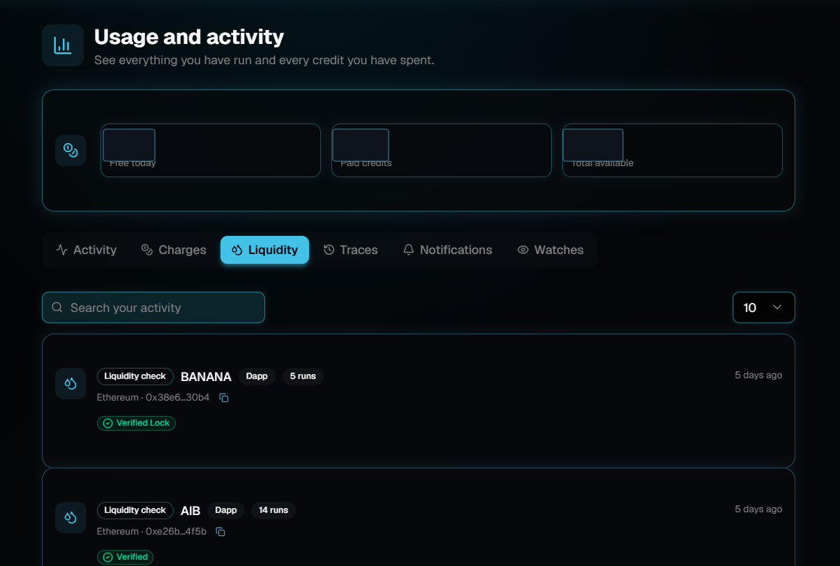 The Usage and activity page with the Liquidity tab selected, listing two earlier liquidity checks on Ethereum, one badged Verified Lock and one badged Verified.