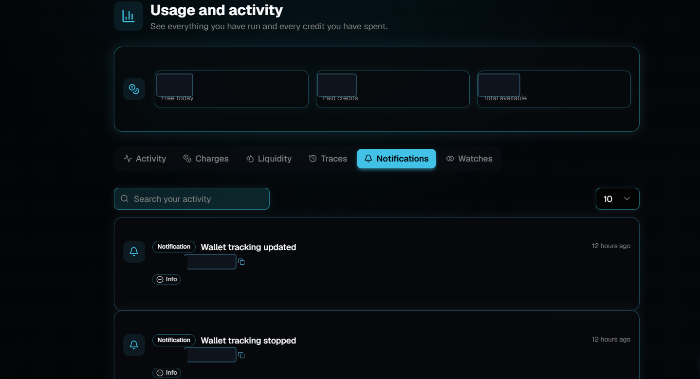 The Usage and activity page with the Notifications tab selected, showing a credit summary row, a search box, a page size of 10, and two wallet tracking entries from twelve hours ago.