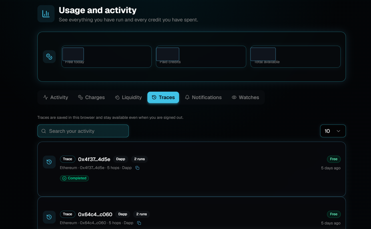 The Usage and activity page with the Traces tab selected, showing Free today, Paid credits and Total available tiles above two completed Ethereum trace cards, each marked Free.