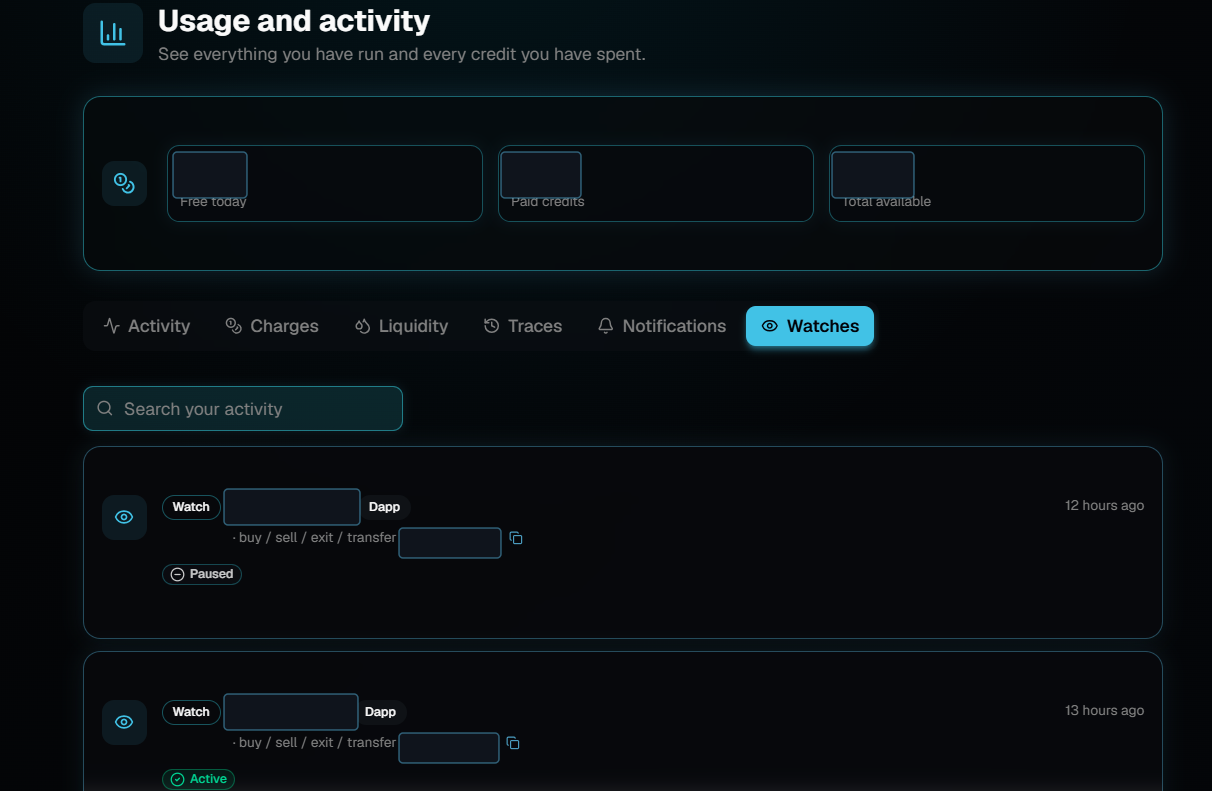 The Usage and activity page with the Watches tab selected, showing a search field and two watch entries, one Paused from 12 hours ago and one Active from 13 hours ago.