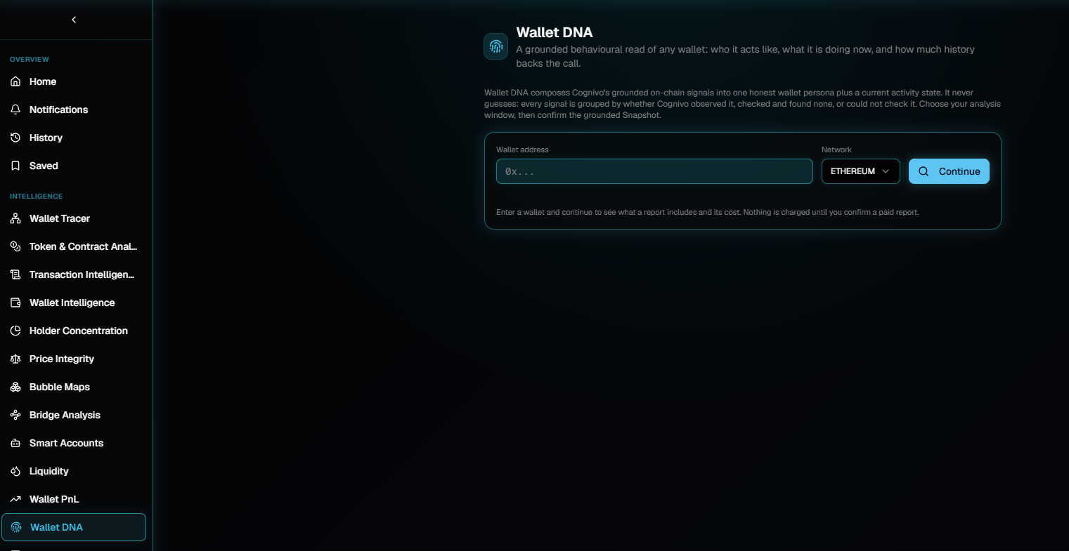 The Wallet DNA page with a short explanation of how the report is built, a Wallet address field, a Network dropdown set to ETHEREUM, and a Continue button.