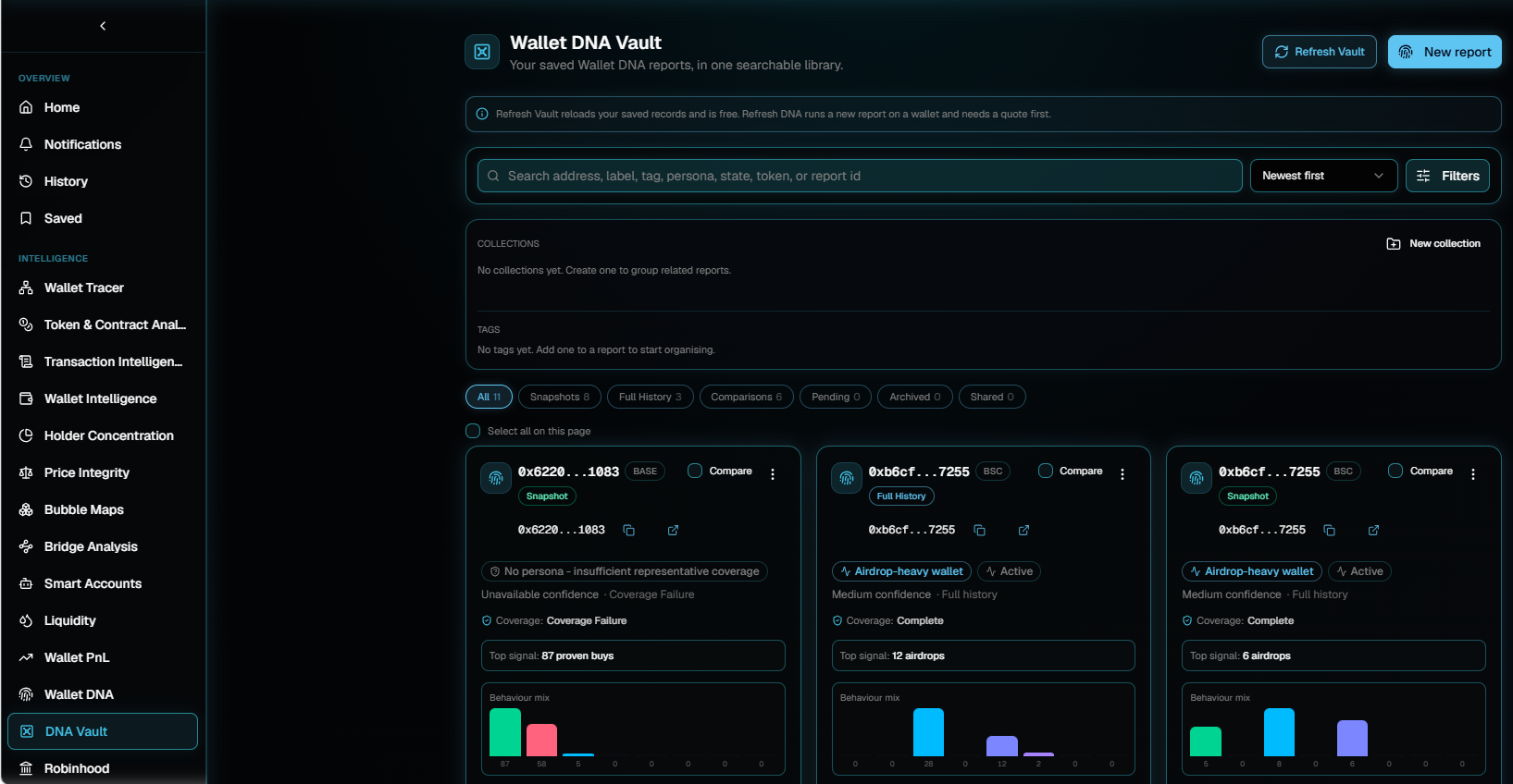 The Wallet DNA Vault page showing Refresh Vault and New report buttons, a search box with sort and Filters controls, empty collections and tags panels, filter chips, and three saved report cards.