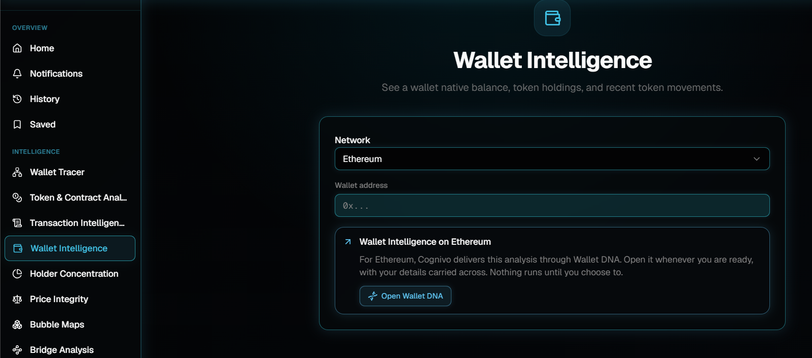 The Wallet Intelligence page with an empty form showing a Network dropdown set to Ethereum, a Wallet address field, and a notice offering to open Wallet DNA.