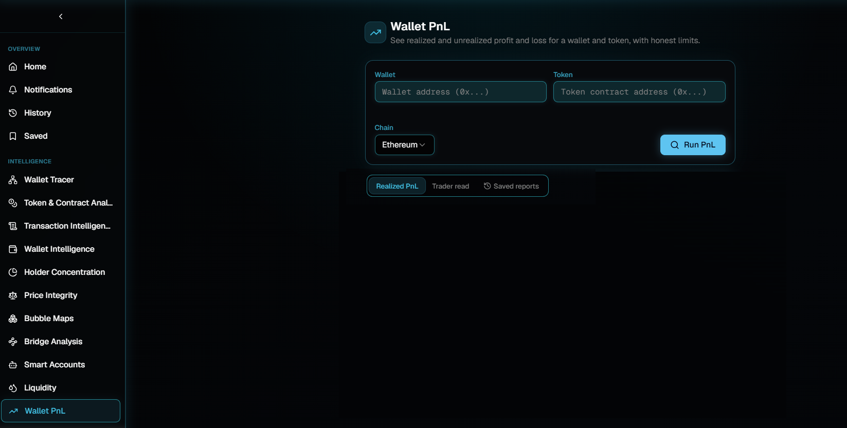 The Wallet PnL page with empty Wallet and Token address fields, a Chain dropdown set to Ethereum, a Run PnL button, and tabs for Realized PnL, Trader read, and Saved reports above an empty results area.