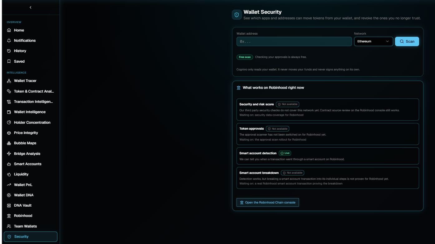 The Wallet Security page with an empty wallet address field, a Network dropdown set to Ethereum, a Scan button, a green Free scan chip, and a panel listing four Robinhood capabilities with Not available and Live badges.