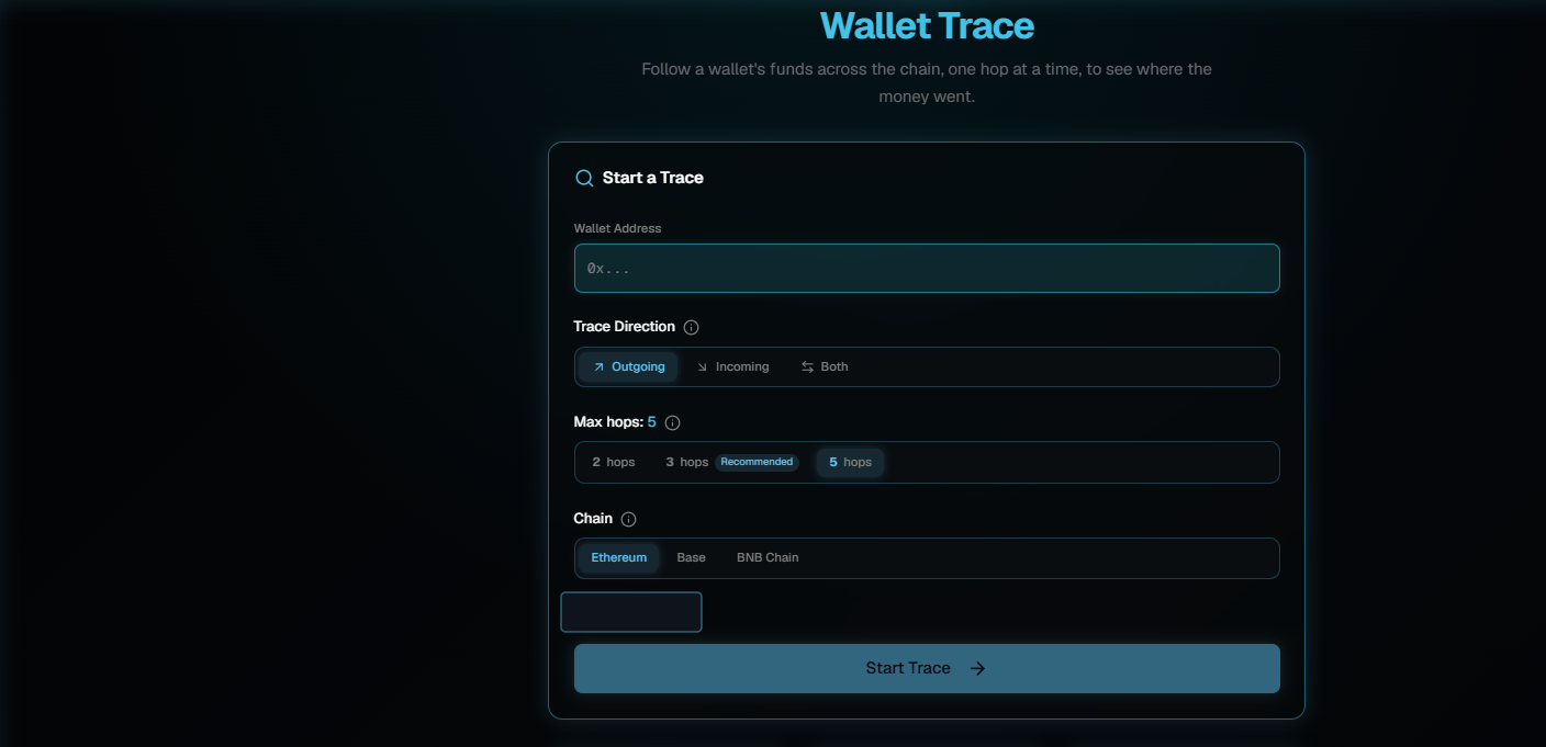 The Wallet Trace page with a Start a Trace card containing a wallet address field, trace direction options, max hops options, chain options and a Start Trace button.
