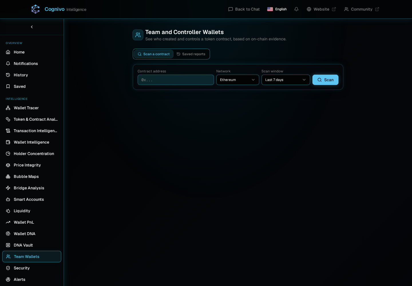 Cognivo dApp Team and Controller Wallets page with a contract scan form