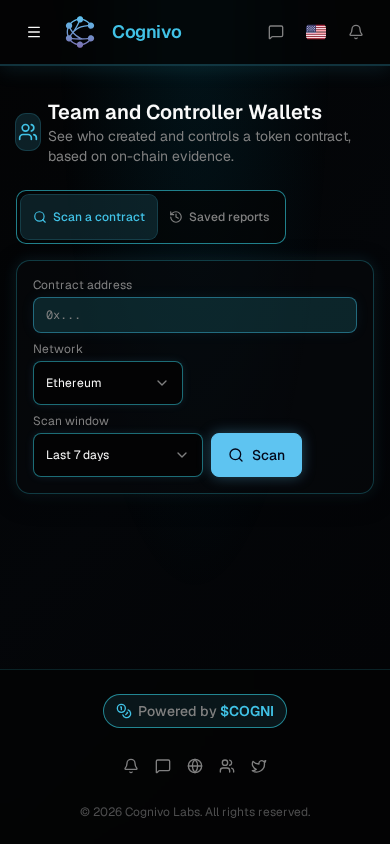 Cognivo dApp Team and Controller Wallets page with a contract scan form